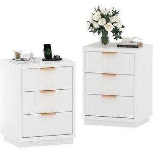 Set of 2 Fluted Farmhouse Nightstands with Charging Station, Modern Mid-Century Bedroom Bedside Tables, 1-Drawer Nightstands with Metal Handles - 1 of 4