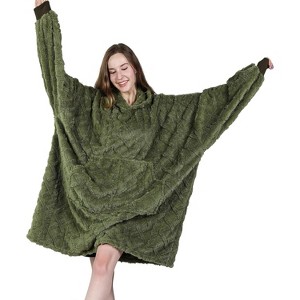 FAAYFIAN Microfiber Wearable Blanket Hoodie for Women, Lightweight Faux Shearlin Hoodie Blanket with Pocket & Hood, One Size Loungewear, Green - 1 of 4