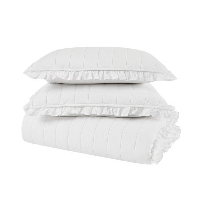 White Cotton Twin Quilt Set with Ruffled Edges