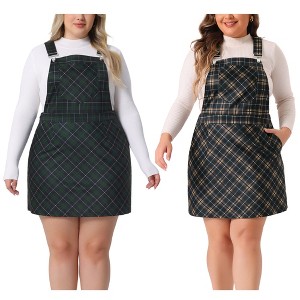 Women's Plus Size Pinafore Vintage Plaid Adjustable Straps Suspender Overall Pinafore Two Piece Dress with Pockets - Agnes Orinda Navy Blue/Green 4X