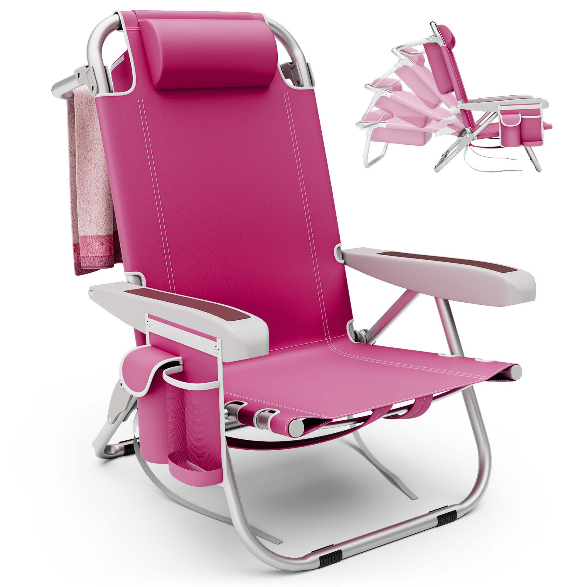 Costway 1 PCS Folding Beach Chair for Adult Lightweight Aluminum Camping Chair withStorage Bag Pink