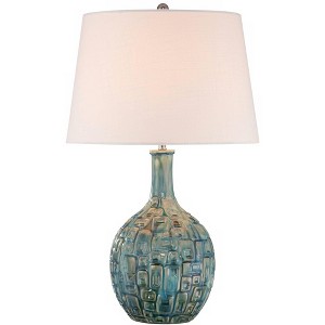 360 Lighting Modern Table Lamp 26" High Teal Glaze Ceramic Gourd White Fabric Drum Shade for Bedroom Living Room House Home Bedside Nightstand Office - 1 of 4