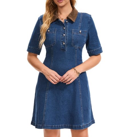 Женские платья INSPIRE CHIC Women's Jean Vintage Collared Button Short Sleeve Fit Flare Denim Dress X Large Blue