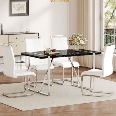 CAVINAS Dining Table Set for 4 Rustic Industrial Rectangular Dining Table with MDF Tabletop with 4 PU Chairs for Kitchen