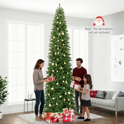Tangkula 12 FT Pre-Lit Artificial Pencil Christmas Tree Green Hinged Xmas Tree with 2840 Branch Tips 1000 Warm White LED Lights & Folding Metal Stand