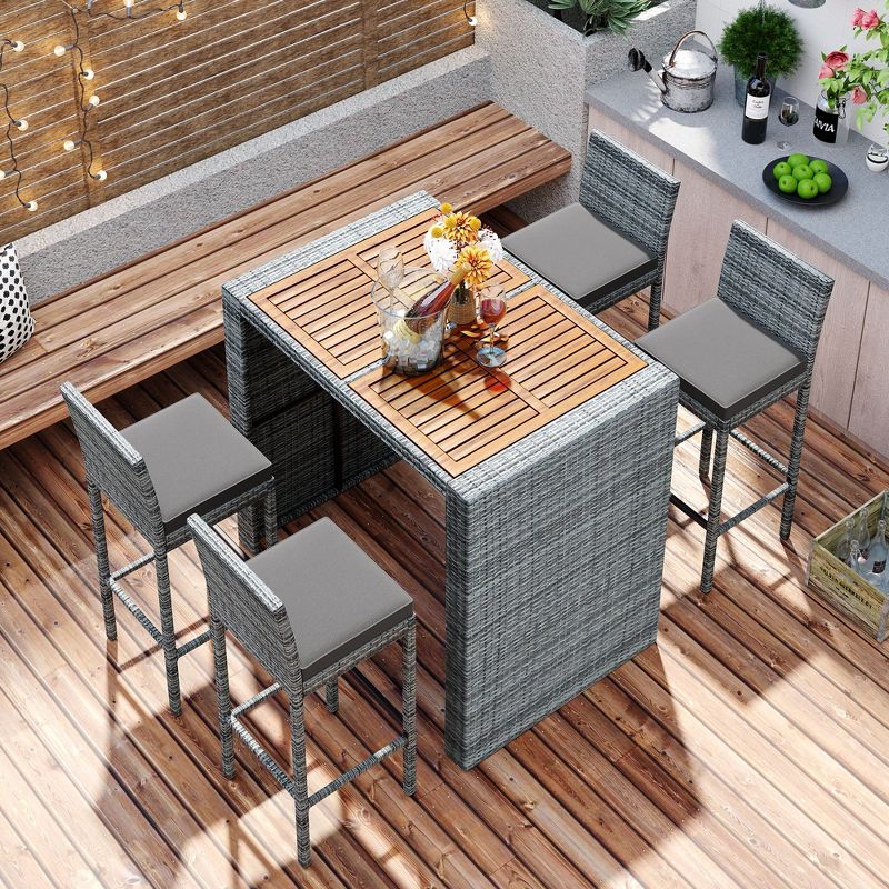5 PCS Outdoor Patio Acacia Wood Top Wicker Bar with Bar Stools and Removable Cushions,Gray - ModernLuxe, 2 of 15