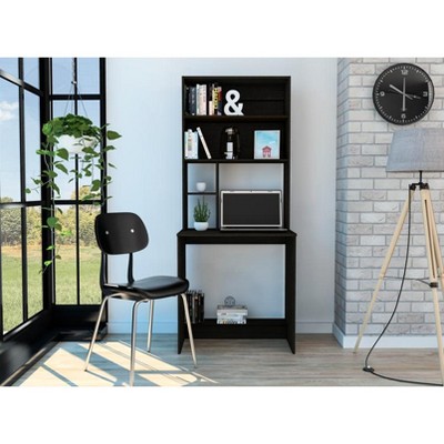 Vynxaria Writing Computer Desk with Shelves Modern Engineered Wood Desk with Drawers and Footrest for Home Office - Black