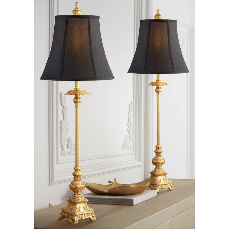 Regency Hill Traditional Buffet Table Lamps 36.5" Tall Set of 2 Gold Intricate Details Black Fabric Bell Shade for Dining Room, 2 of 10