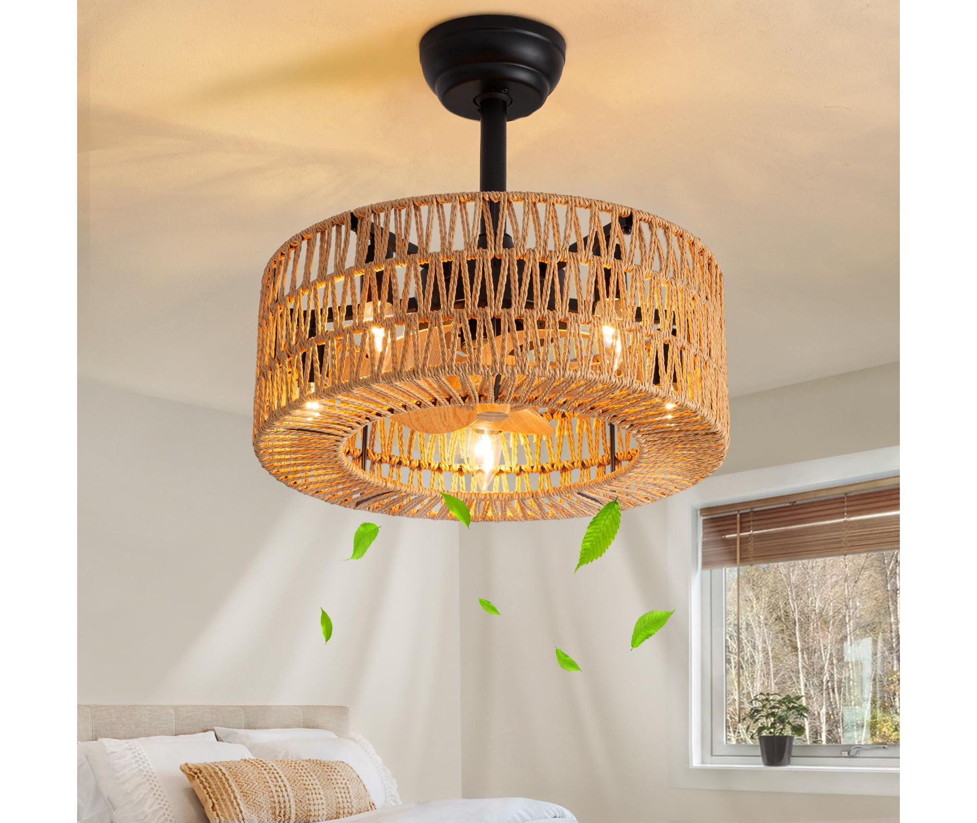 Ludomide Boho Caged Ceiling Fan, 18" Woven Rattan Ceiling Fan with Lights, Farmhouse Low Profile Fandelier for Bedroom Kitchen Living Room