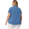 Agnes Orinda Women's Plus Size Denim Roll Sleeve Stand Collar Chambray Button Down Shirts - 4 of 4