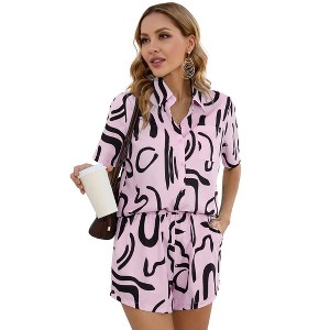 Clearlove Women's 2 Piece Outfits Short Sleeve Button Down Shirts Top High Waist Shorts Set Tracksuit - 1 of 4
