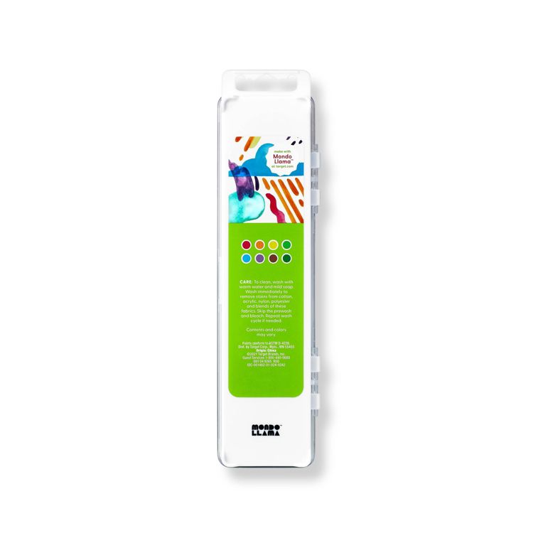 A rectangular paint set with a green label showing six colored circles in red, yellow, green, blue, purple, and black, along with care instructions and the brand name "Mondo Llama."