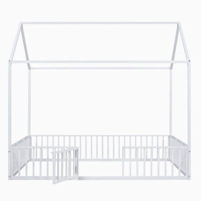Bellemave Full Size Floor Bed with Door and Fence, Metal Montessori Bed with Roof/House Floor Bed for Kids(Full White)
