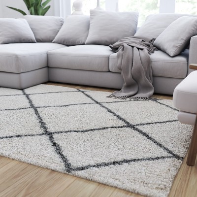 Off-White and Gray Trellis Shag 5' x 7' Area Rug