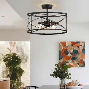 DORESshop 14.57 in.3-Light Matte Black Semi- Flush Mount with Drum Cage for Bedroom Hallway - 1 of 4