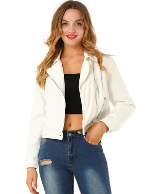 Allegra K Women's Notched Collar Zip Closure Biker Motocycle Denim Jacket
