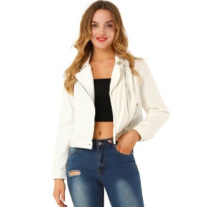 Allegra K Women's Notched Collar Zip Closure Biker Motocycle Denim Jacket - 1 of 4