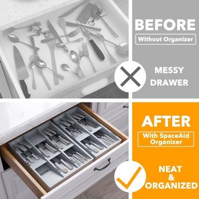 Gray Bamboo 6-Slot Silverware Drawer Organizer with Labels