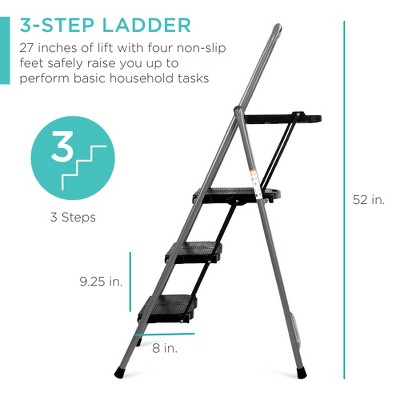 Black and Gray Folding Steel 3-Step Ladder with Utility Tray