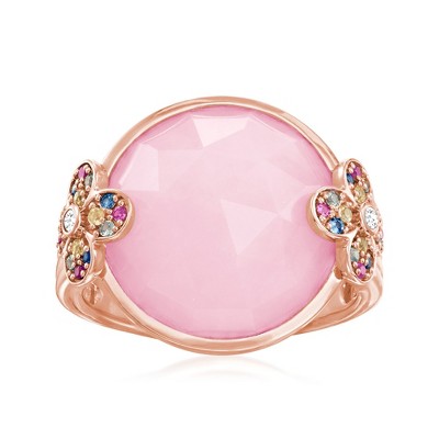 Ross-Simons Pink Opal and 0.24 ct. t.w. Multicolored Sapphire Floral Ring With White Topaz Accents in 18kt Rose Gold Over Sterling
