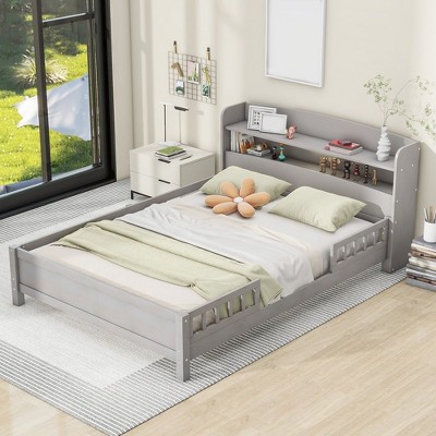 Full Size Platform Bed With Storage Shelves LED Light Headboard Guardrail Platform Bed Frame Support