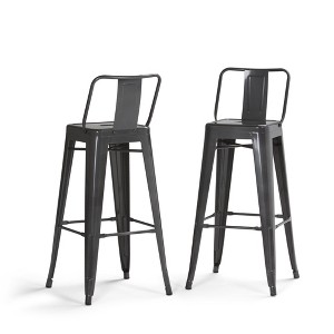 Industrial Metal Barstool with Curved Slatted Back, Footrest, and Cross Brace, Set of 2 for Kitchen, Bar, or Condo - 1 of 4