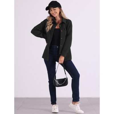Allegra K Women's Pockets Loose Button Down Long Sleeve Casual Collar Shirt Jacket Black X-Small — фото 2