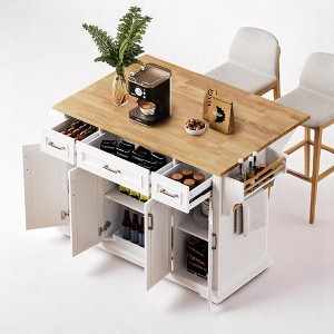 54" Rolling Kitchen Island Cart with Drop Leaf, Rubber Wood Top, Embossed Texture, 4 Doors, 3 Drawers, Spice Rack, Towel Rack, Storage Cabinet - 1 of 4