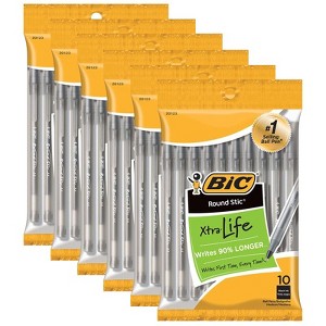 Bic Round Stic Xtra Life Ballpoint Pen, Medium Point (1.0mm), Black, 10 Per Pack, 6 Packs - 1 of 1