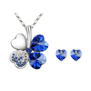 Lucky Sweethearts Gold Plated Crystal Heart Shaped Four Leaf Clover Pendant Necklace and Earrings Jewelry Set (Royal Blue) - 1 of 4