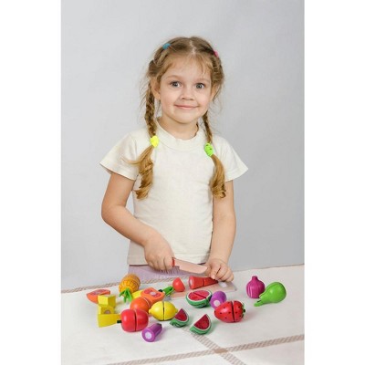 Colorful Wooden Pretend Play Food Set with Cutting Tools