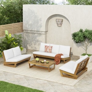 Christopher Knight Home Uland Outdoor Slat Design Acacia Wood 7 Seater Seating Set with Cushions - 1 of 4