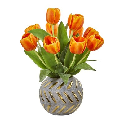 Nearly Natural 15-in Tulip Artificial Arrangement in Decorative Vase