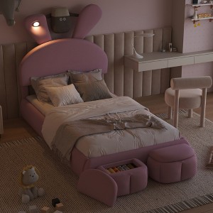 Twin Size Upholstered Platform Bed Frame for Kids, Wooden Bedframe with Cartoon Ears Shaped Headboard and Light, Pink - 1 of 4
