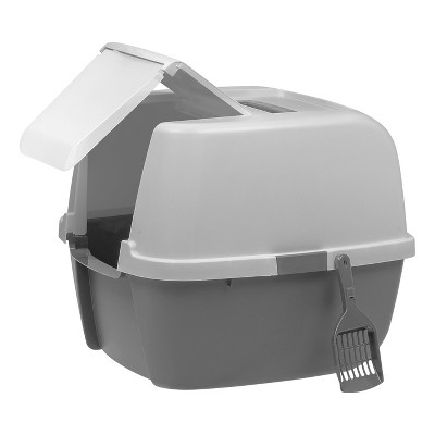Large Dark Gray and White Hooded Cat Litter Box with Scoop