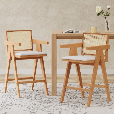 VYNXARIA 27" Height, Cream Woven Cane Plastic Backrest Bar Stool - Foam-Padded Fabric Seat & Durable Rubberwood Frame