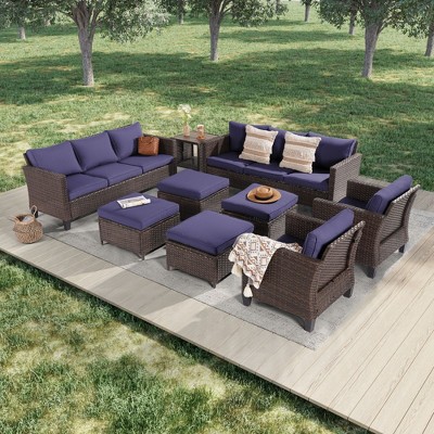 Sonkuki Outdoor 9-Piece Patio Conversation Set with Ottoman and Side Table, Navy Blue Cushion