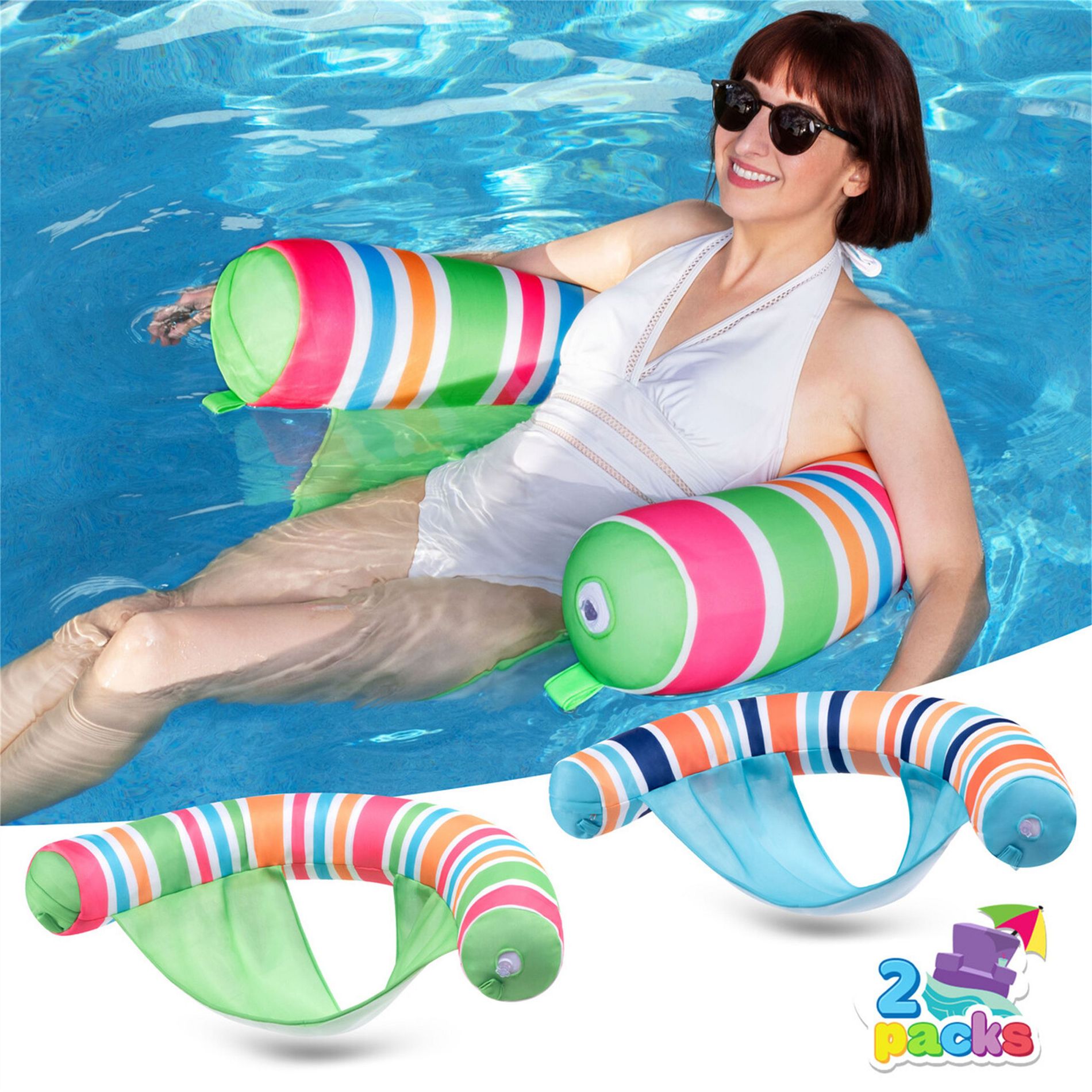 Joyfy 2 Packs Inflatable Pool Float Chairs, Pool Floating Noodle with Stripes Design with Sling for Swimming Pool Water Fun Pool Lounger Party Float
