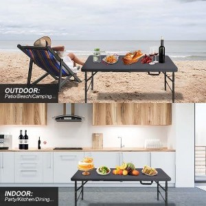 Folding Table 4FT, Heavy Duty Portable Plastic Folding Table with Handle, Anti-Slip Feet, Waterproof, Easy to Clean, Adjustable Height - 1 of 4