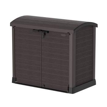 Duramax CedarGrain StoreAway 1200 Liter Capacity Outdoor Deck & Garden Storage Box w/ Panel Doors & Arc Lid for Patios, Pool Areas, & Driveways, Brown