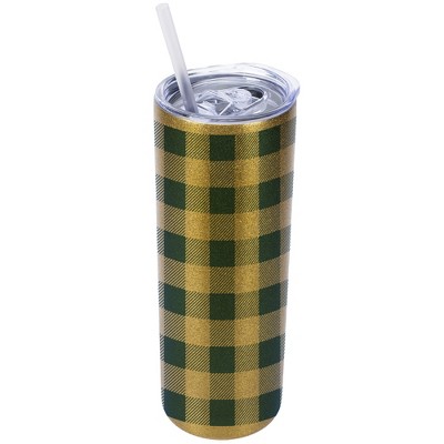 Elanze Designs Vegas Gold 20 Ounce Double Wall Stainless Steel Glitter Travel Tumbler With Sliding Lid And Straw, Flannel Gingham Pattern