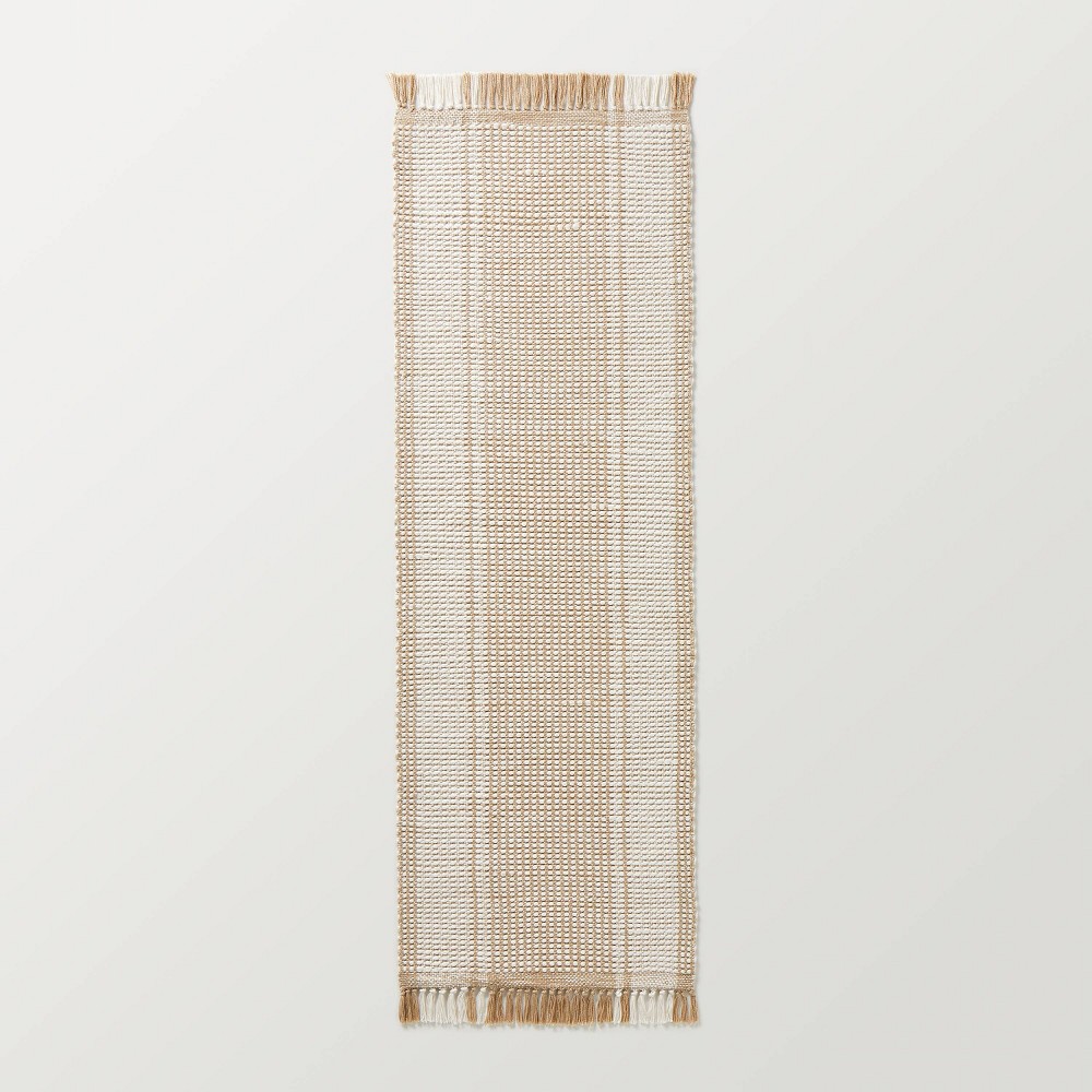 Photos - Area Rug 2'4"x7' Wide Border Stripe Handmade Woven Runner Rug Tan/Cream - Hearth &