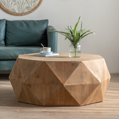 38" Modern Farmhouse Coffee Table, Wooden Coffee Tea Table with Vintage Style 3D Embossed Pattern Design Drum Coffee Table for Office Living Room