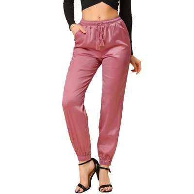 INSPIRE CHIC Women's Drawstring Elastic Waist Ankle Length Satin Joggers Pants with Pocket