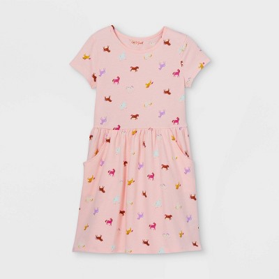 Girls' Printed Jersey Short Sleeve Knit Dress - Cat & Jack™ Powder Pink XS