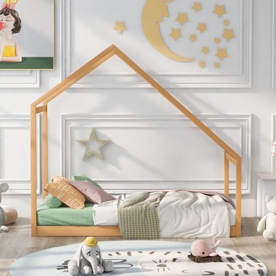 CAVINAS Twin Size Floor Bed Modern House Shaped Wooden Bed Frame with Sloping Roof for Bedroom