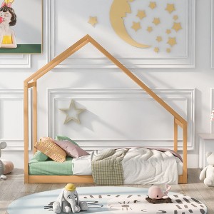 CAVINAS Twin Size Floor Bed Modern House Shaped Wooden Bed Frame with Sloping Roof for Bedroom - 1 of 4