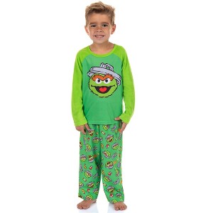 Sesame Street Oscar the Grouch Pajamas Boys' Long Sleeve Pant Lounge Set Green - 1 of 4