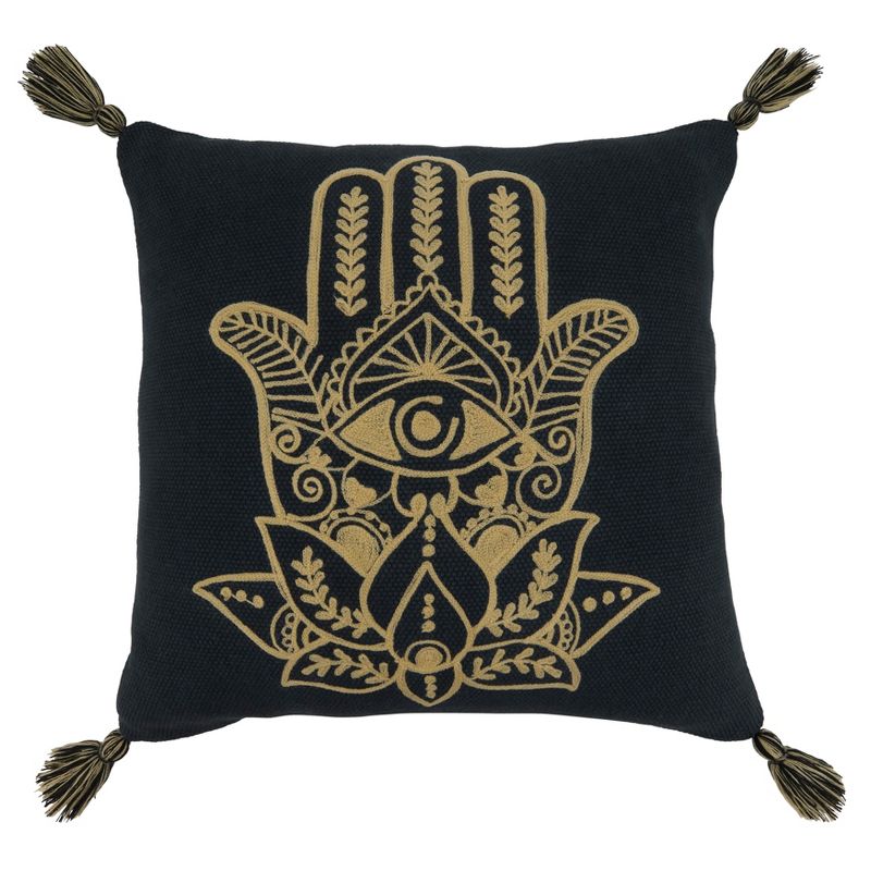 Saro Lifestyle Hamsa Hand Embroidered Pillow - Down Filled, 20" Square, Black, 1 of 4