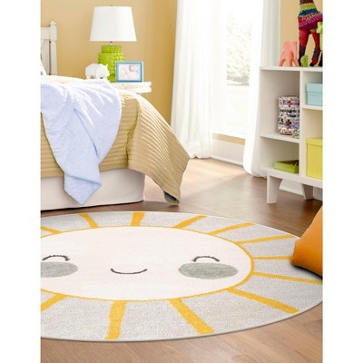 Whimsy Gray and Yellow Round Kids Synthetic Rug